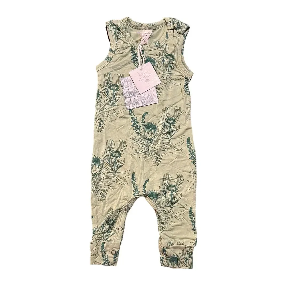 NWT Kate Quinn Sleeveless Snap Button Sport Jumpsuit Green Protea Bamboo 3-6m